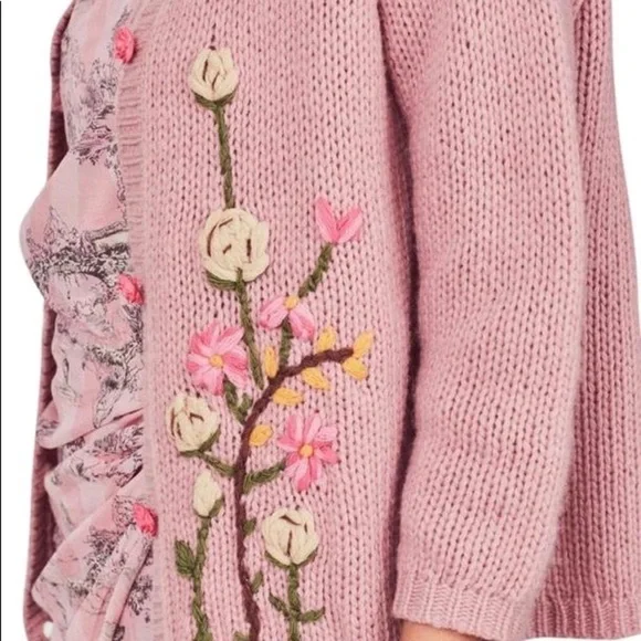 LoveShackFancy Anastasia Embroidered Floral Pink Cardigan RARE